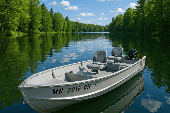Small motorboat on a calm lake surrounded by lush green trees and blue sky with clouds.